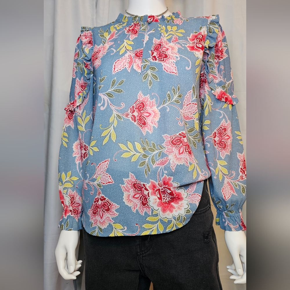LOFT Blue and Red Floral Blouse - Picture 3 of 9